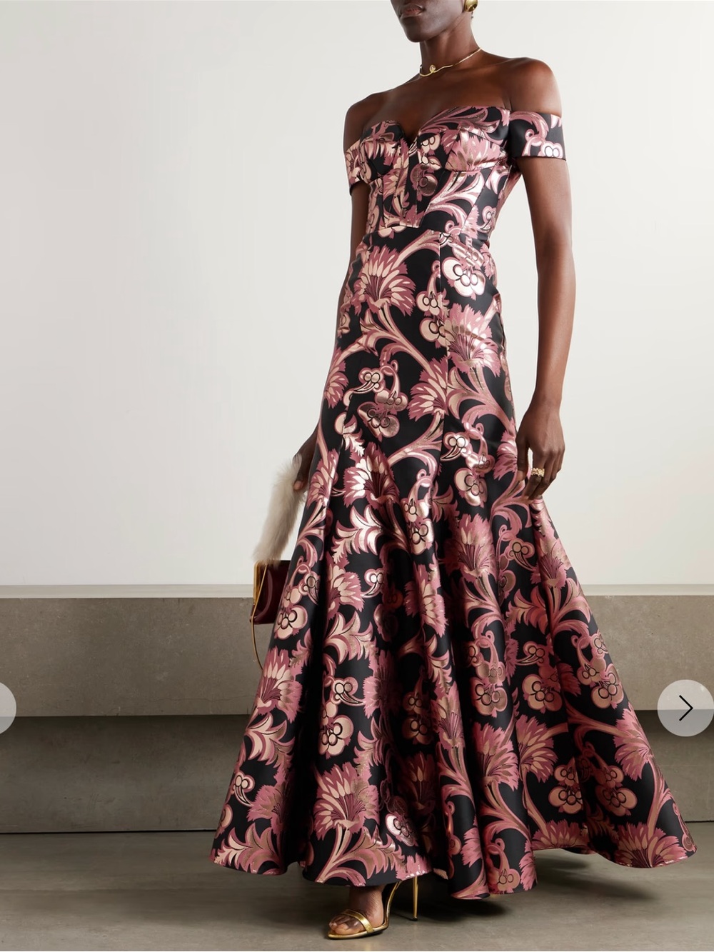 ETRO Bardot off the shoulder Metallic Brocade Gown